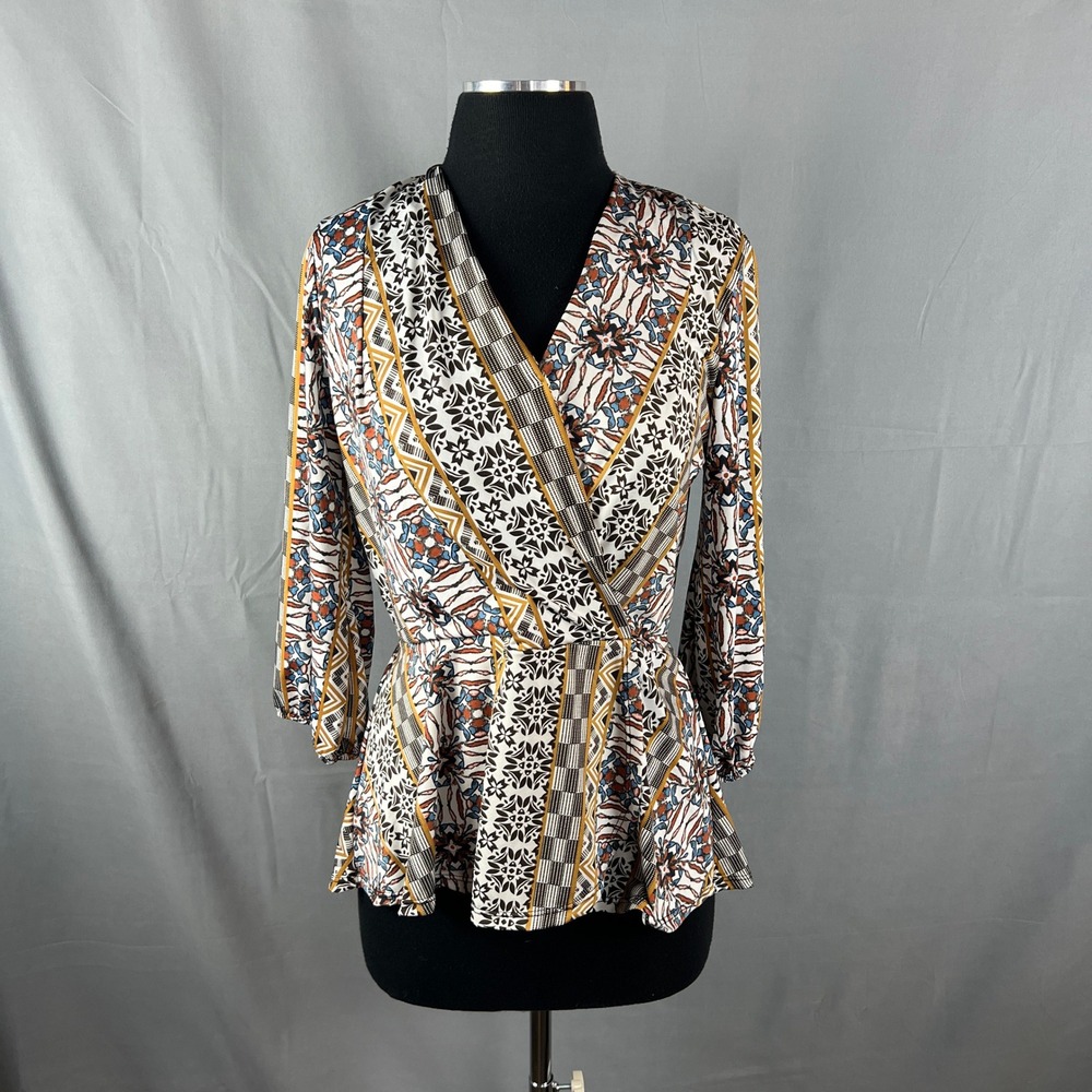Faith & Joy Wrap Blouse Top Womens Medium Multicolor Geometric Surplice Neckline